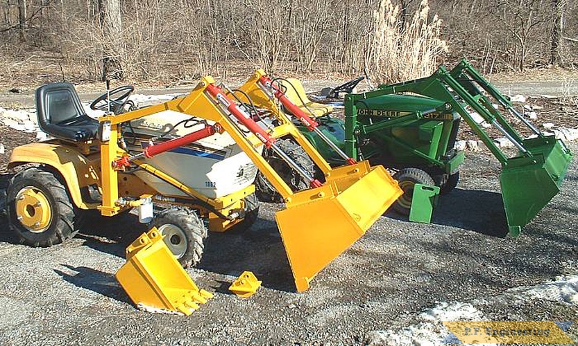 Paul H. and his friend Wayne built these twin front end loaders for their Cub Cadet 1862 and John Deere 317 garden tractors.  great work Paul and Wayne! how about some new pics of these machines with Micro Hoe attachments? | Cub Cadet 1862 and John Deere 317 garden tractor loaders_1